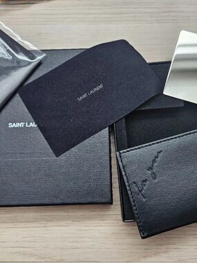 YSL Saint Laurent unisex Black Embossed Leather Card Sleeve w 2 sided mirror